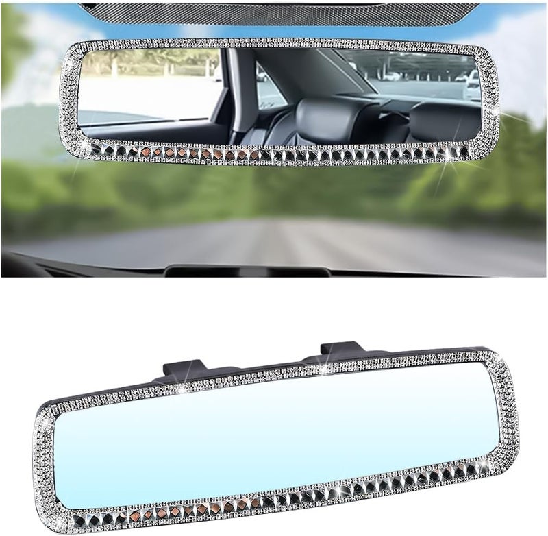 Osilly Bling Car Rearview Mirror, Decorations Rear View Mirror with Crystal Rhinestones & Diamonds, Car Interior Trim Accessories, Clip-on & HD Glass, Sparkly Gift (Silver-1) - Image 1